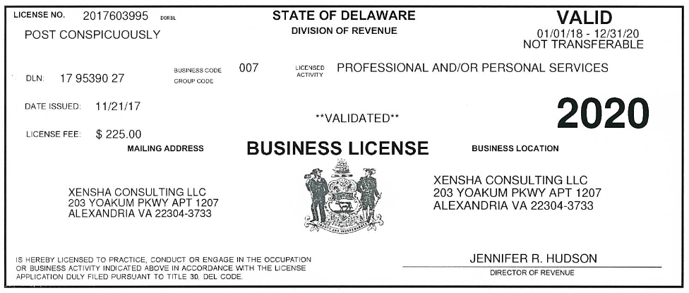 Delaware Business License (2020)